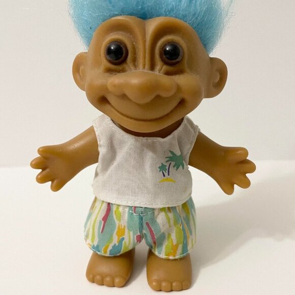 Vtg Russ Troll Doll Blue Hair Hawaiian Beach Style Shirt With Palm Trees 4 Inch - Picture 2 of 16